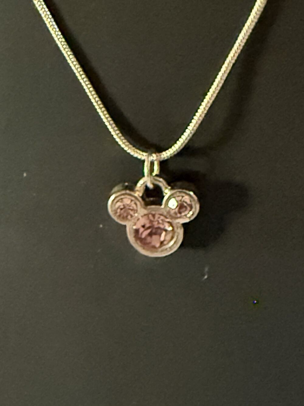 Disney Store Mickey Mouse Pink Rhinestone Pendant Snake Chain Necklace Silver